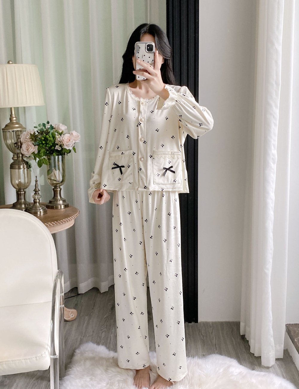 Autumn and winter polka dot pajamas maiden cardigan a set