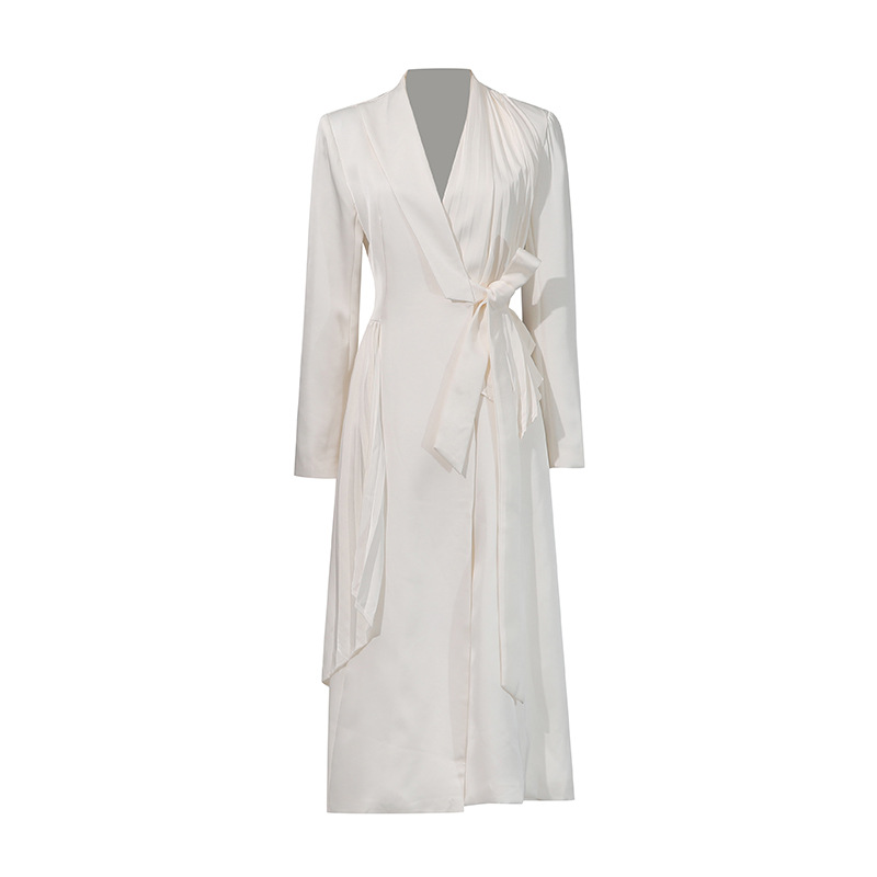Pinched waist frenum windbreaker white long coat for women