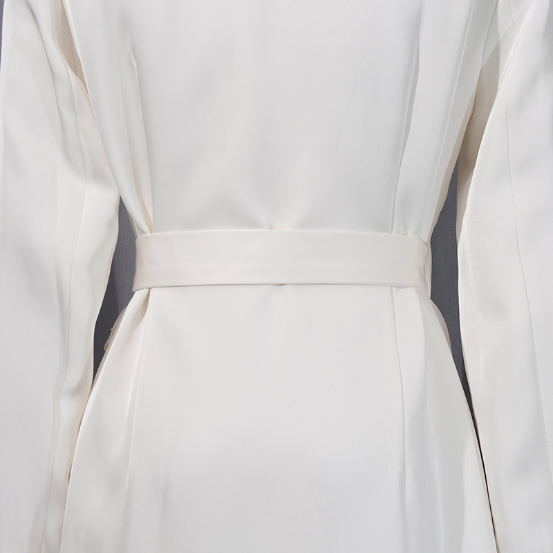 Pinched waist frenum windbreaker white long coat for women