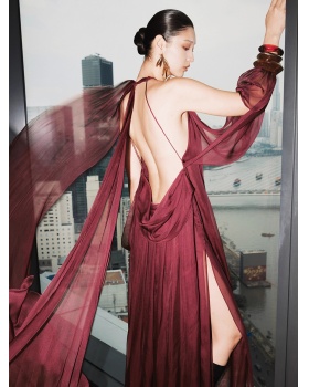 Long gauze halter perspective streamer dress for women