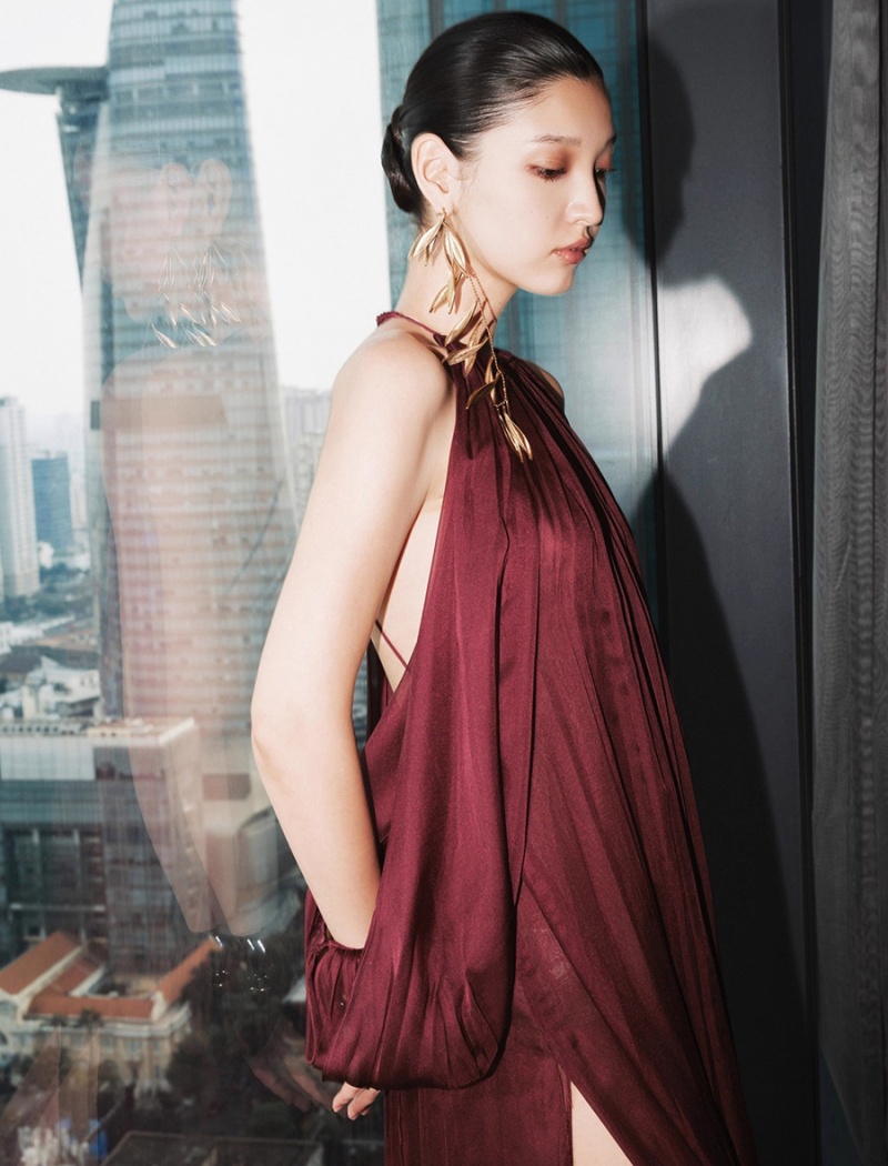 Long gauze halter perspective streamer dress for women