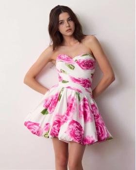 Pinched waist retro T-back lotus leaf edges dress