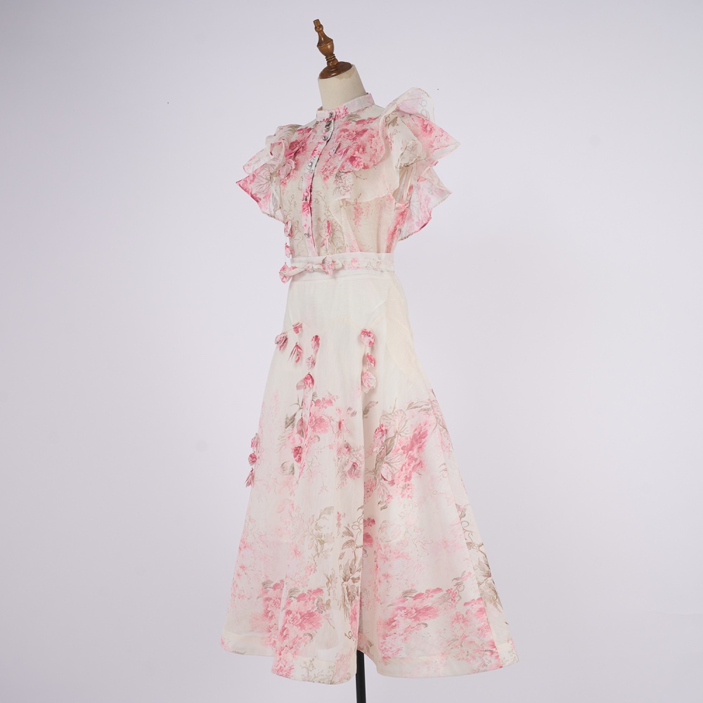 Court style buckle cstand collar long skirt a set