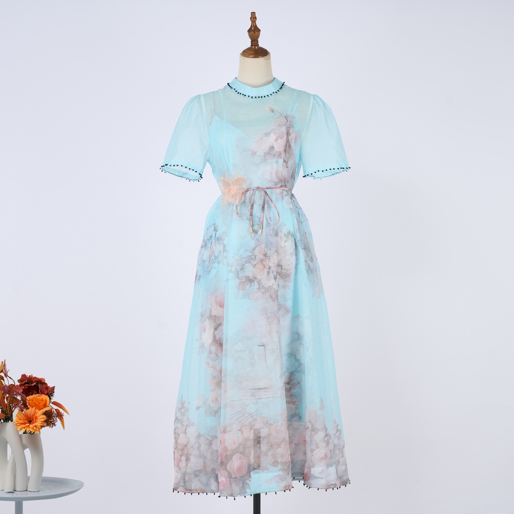 Loose rhinestone niche short sleeve lace flax dress