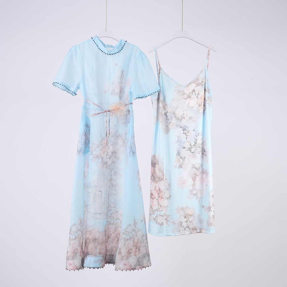 Loose rhinestone niche short sleeve lace flax dress