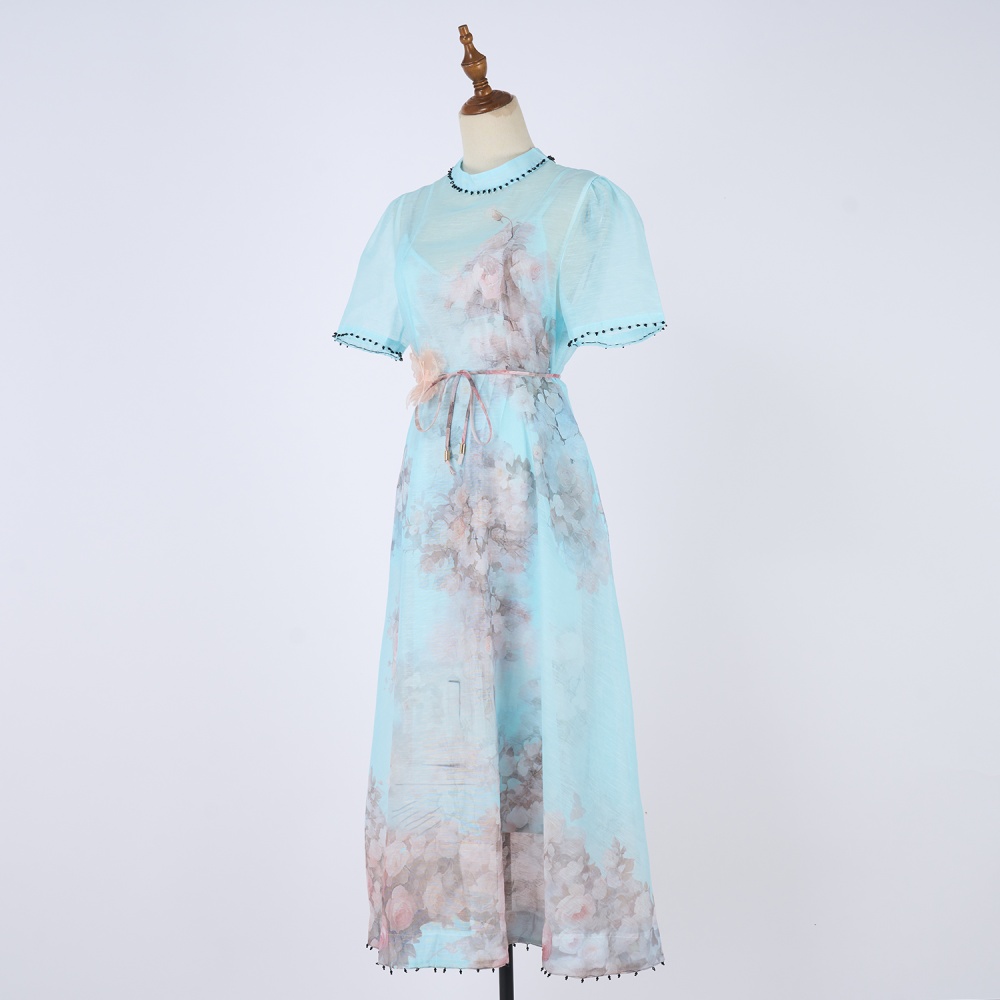 Loose rhinestone niche short sleeve lace flax dress
