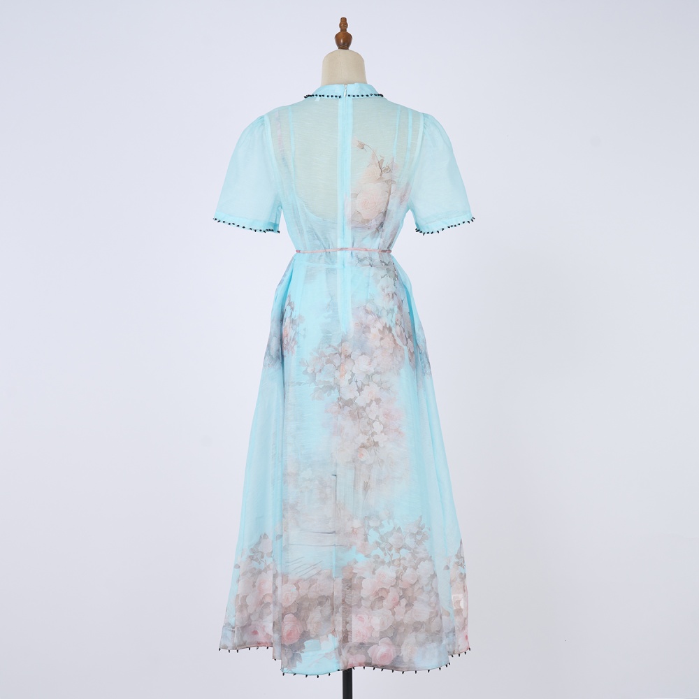 Loose rhinestone niche short sleeve lace flax dress