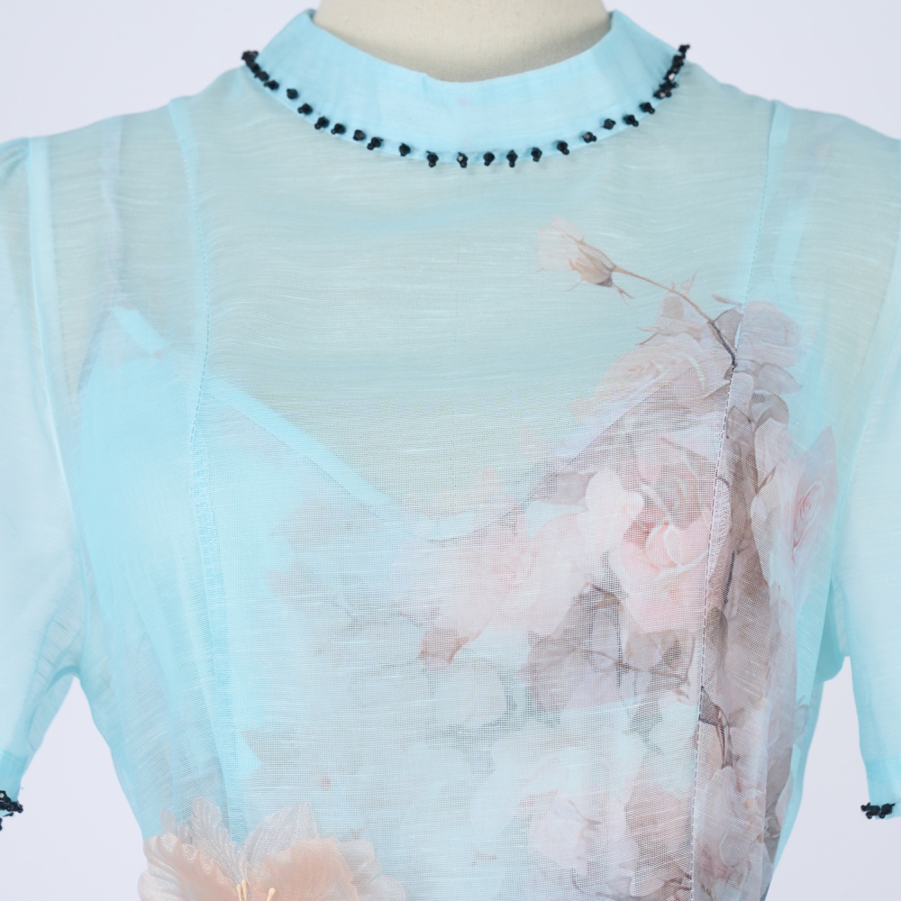 Loose rhinestone niche short sleeve lace flax dress