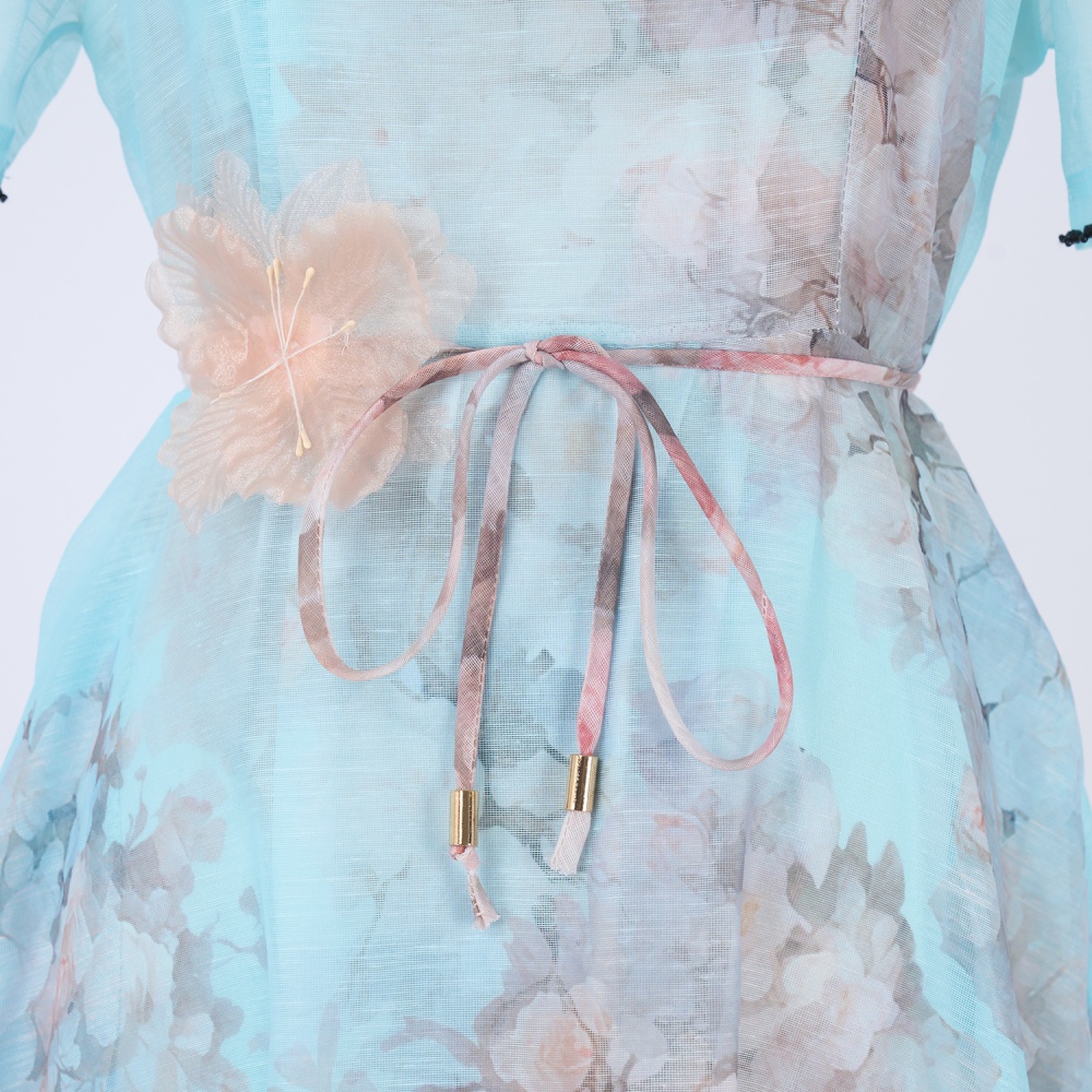 Loose rhinestone niche short sleeve lace flax dress