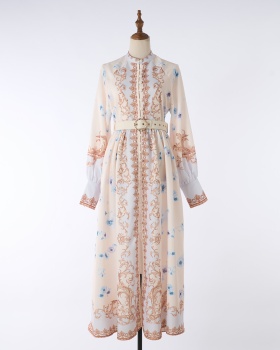 Niche lady refinement high waist V-neck printing dress