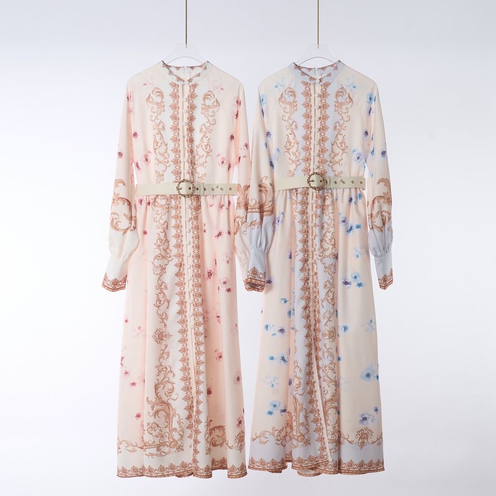 Niche lady refinement high waist V-neck printing dress