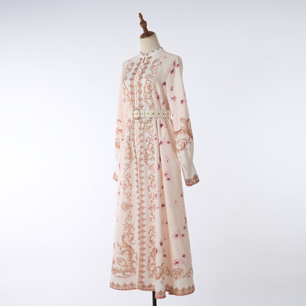 Niche lady refinement high waist V-neck printing dress