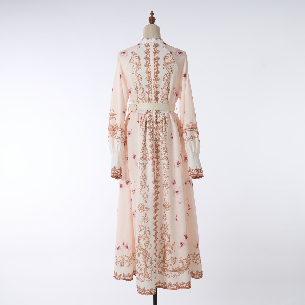 Niche lady refinement high waist V-neck printing dress
