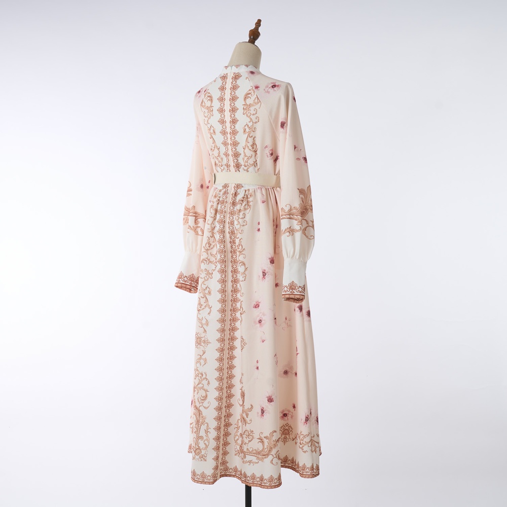 Niche lady refinement high waist V-neck printing dress