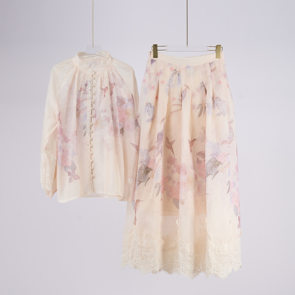 Single-breasted long sleeve long skirt printing skirt a set