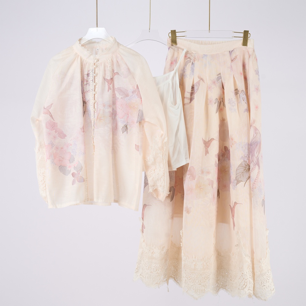 Single-breasted long sleeve long skirt printing skirt a set