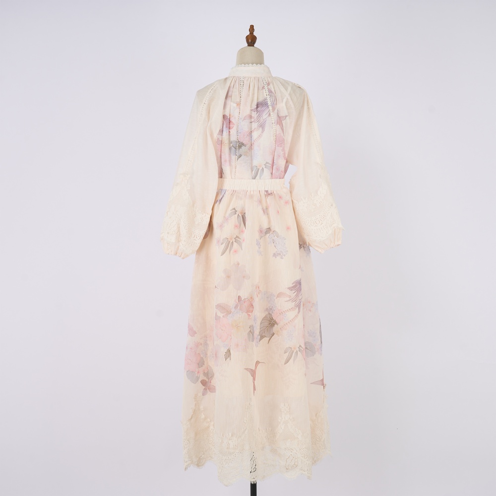 Single-breasted long sleeve long skirt printing skirt a set