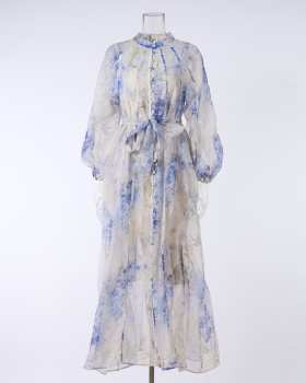 Long sleeve printing light luxury long dress 2pcs set