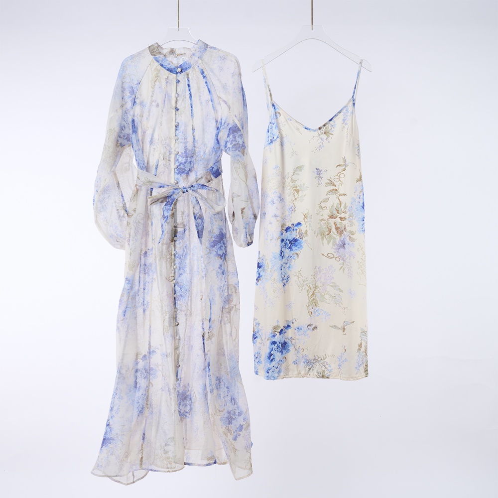 Long sleeve printing light luxury long dress 2pcs set