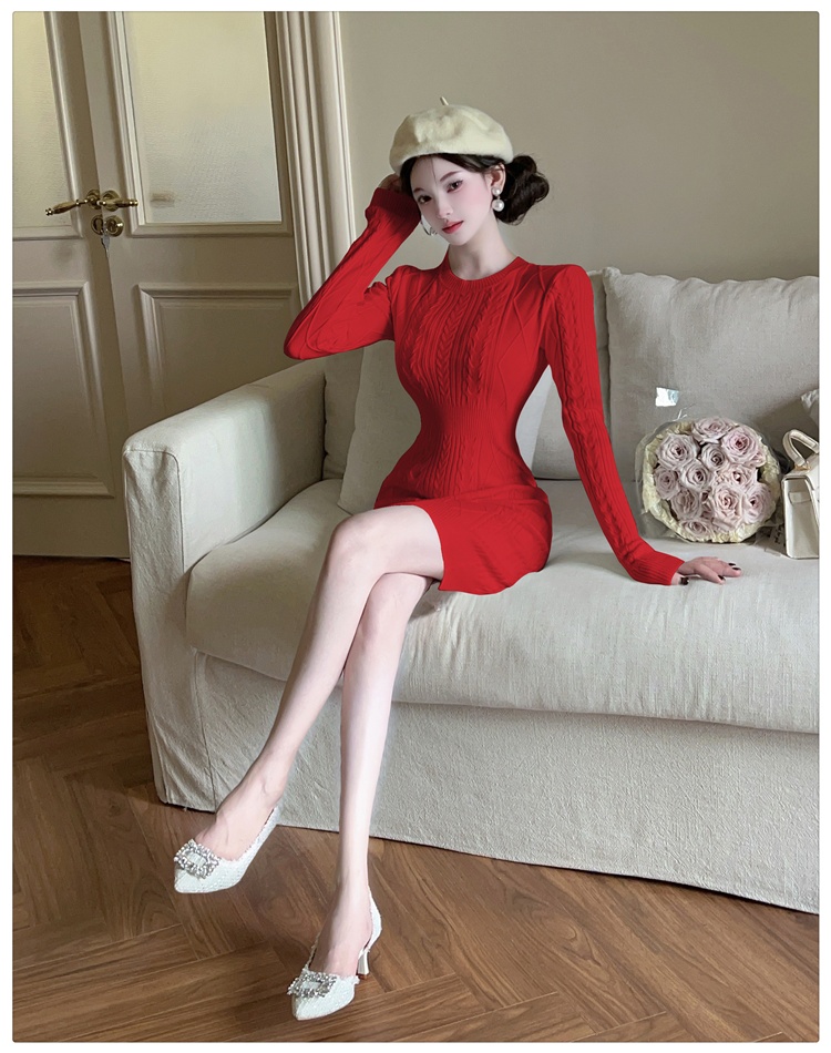 Knitted slim dress retro sweater dress for women