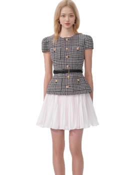 Pseudo-two France style pinched waist houndstooth dress