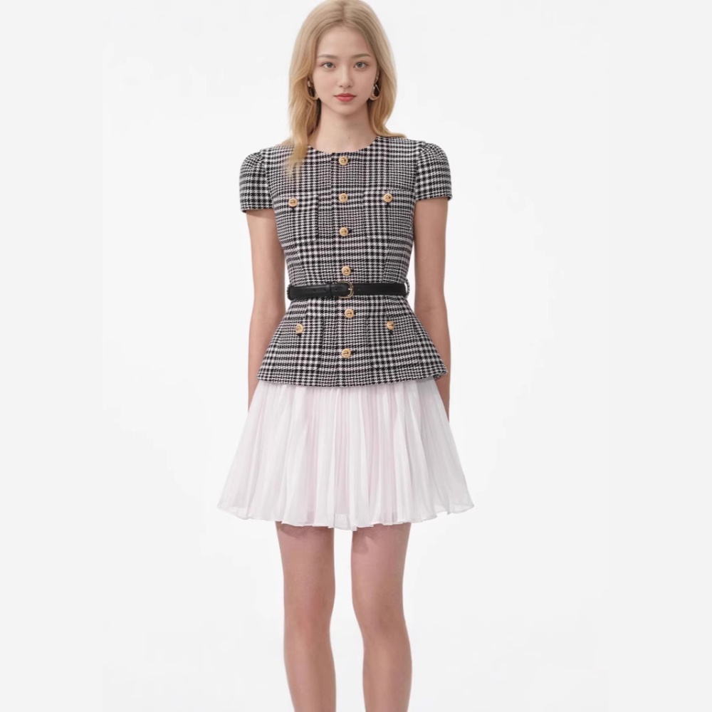 Pseudo-two France style pinched waist houndstooth dress