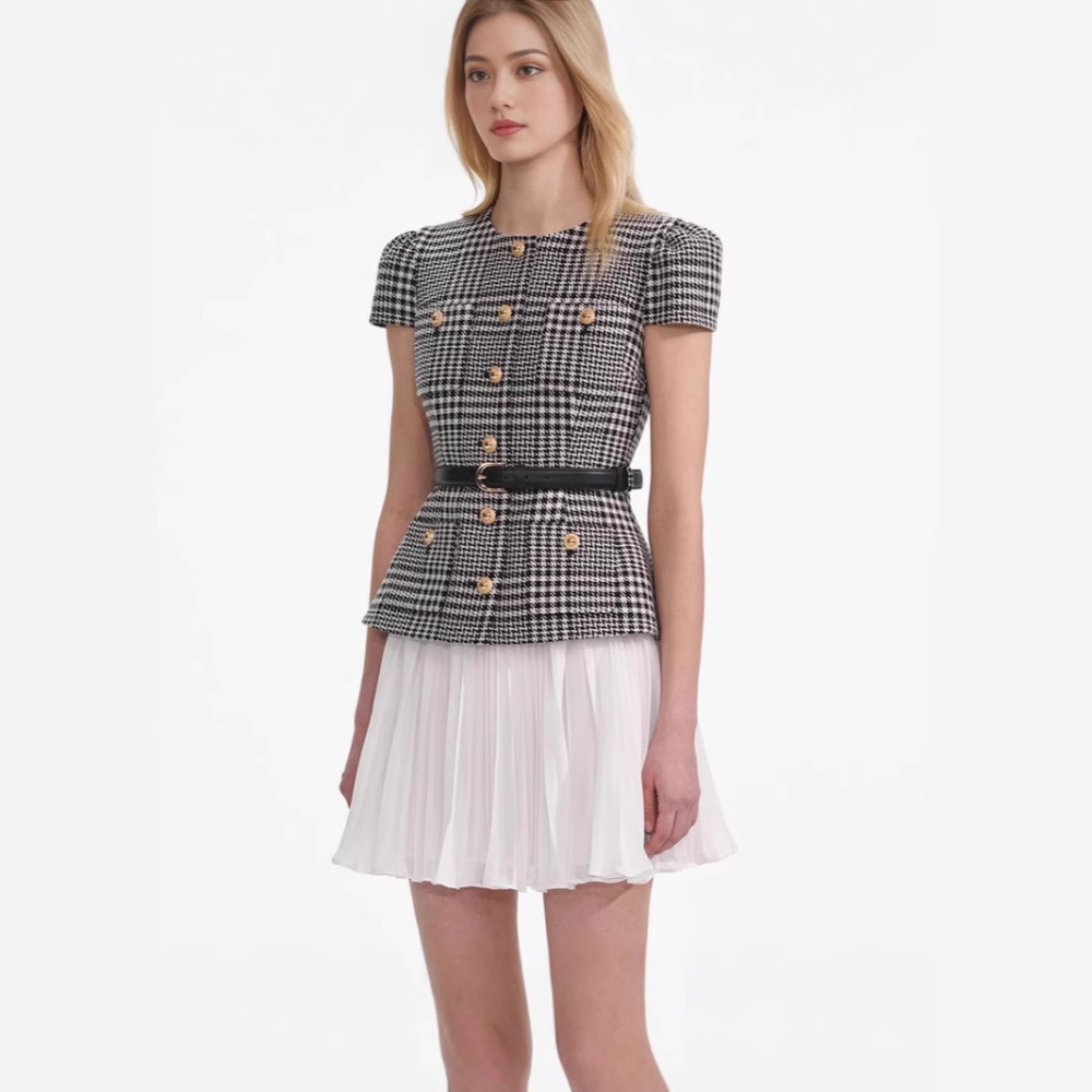 Pseudo-two France style pinched waist houndstooth dress