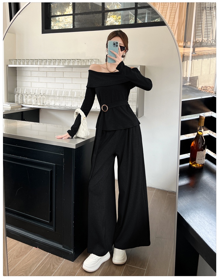Slim tops wide leg pants 2pcs set for women