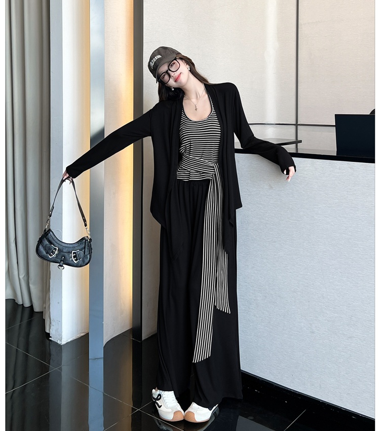 Stripe tops autumn wide leg pants 3pcs set for women