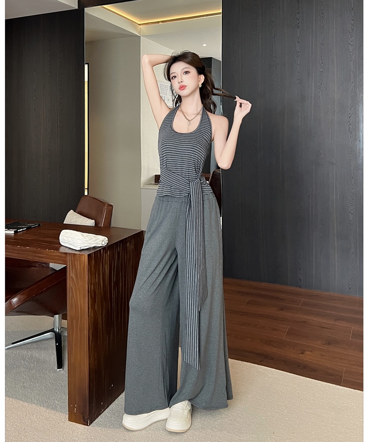 Stripe tops autumn wide leg pants 3pcs set for women