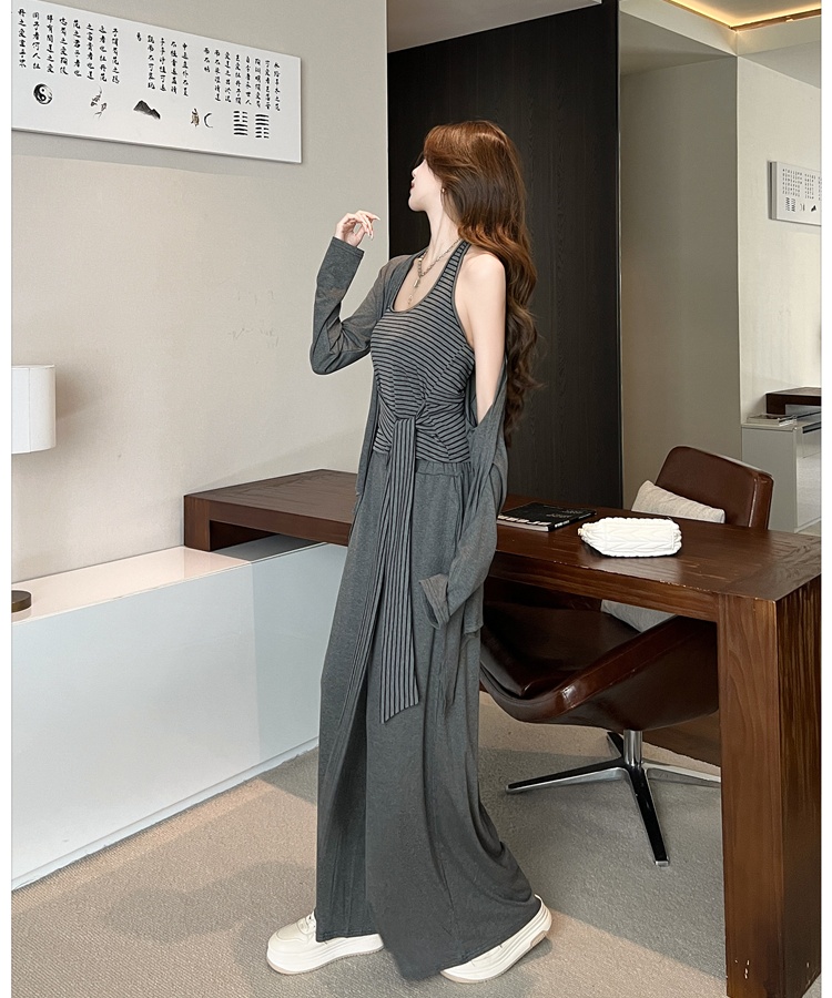 Stripe tops autumn wide leg pants 3pcs set for women