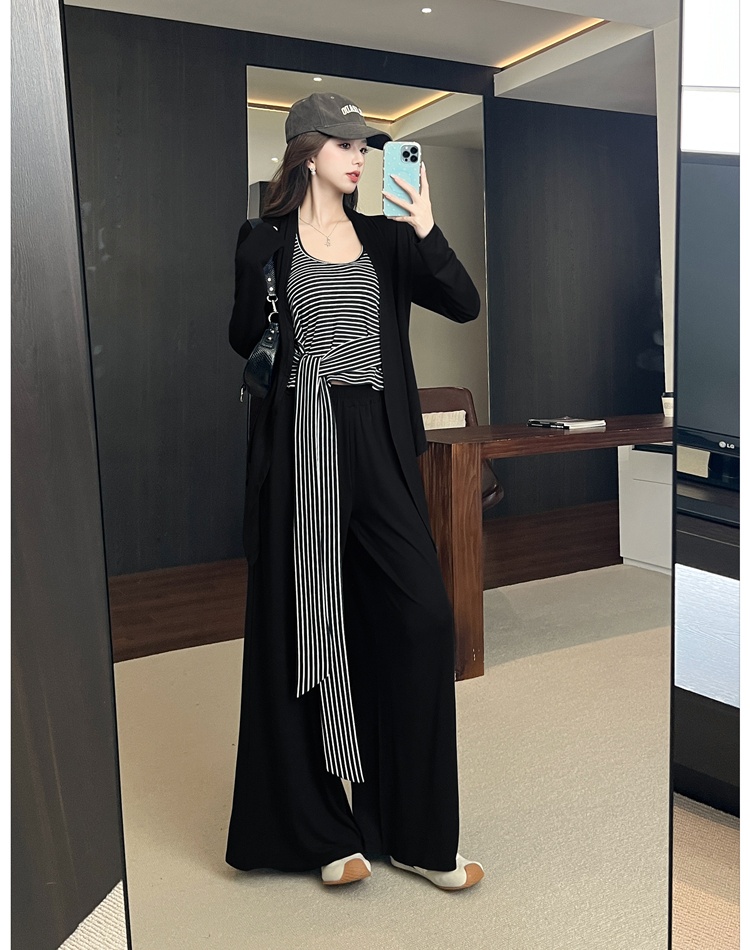 Stripe tops autumn wide leg pants 3pcs set for women
