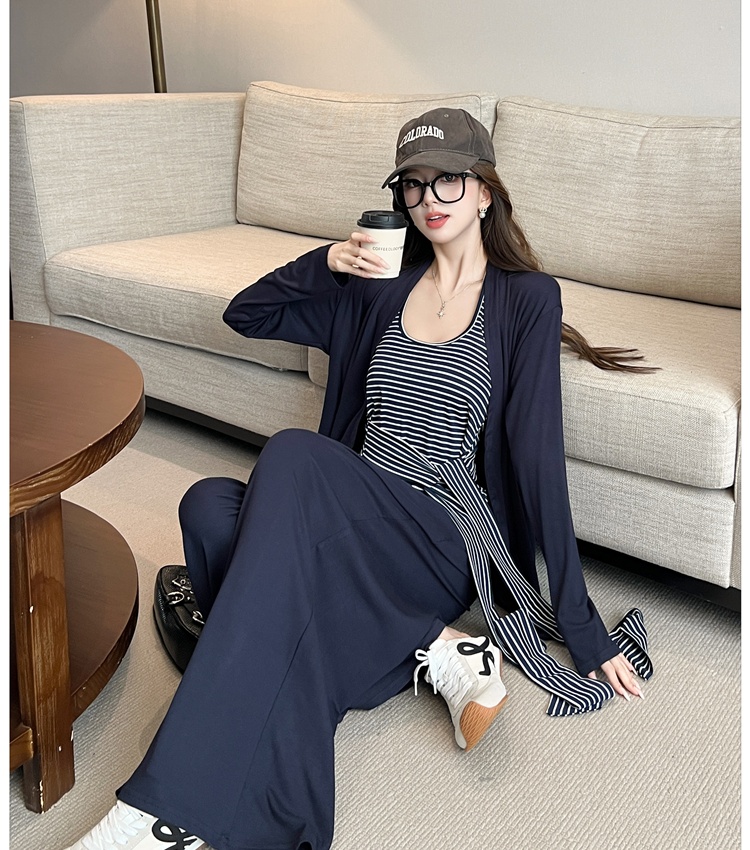 Stripe tops autumn wide leg pants 3pcs set for women