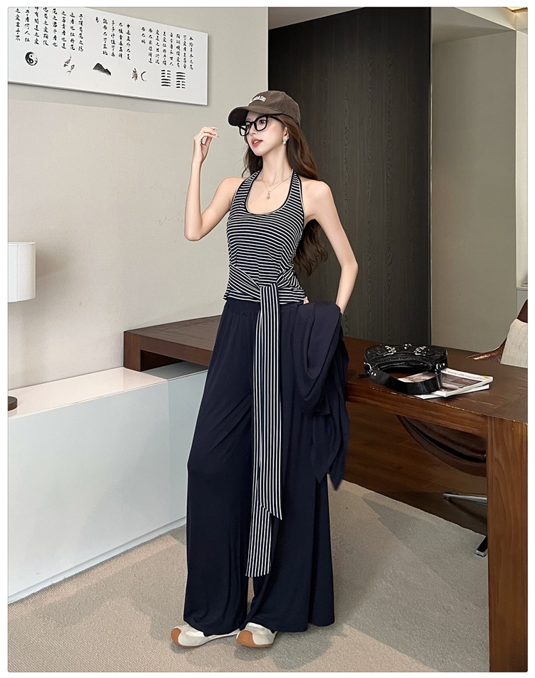 Stripe tops autumn wide leg pants 3pcs set for women
