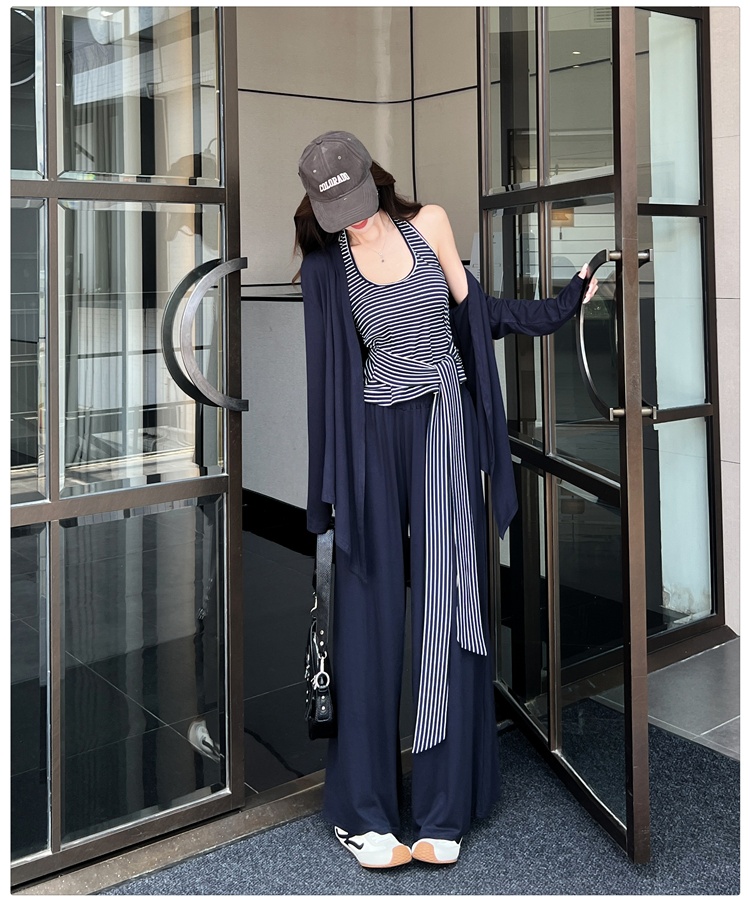 Stripe tops autumn wide leg pants 3pcs set for women