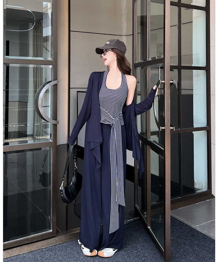 Stripe tops autumn wide leg pants 3pcs set for women