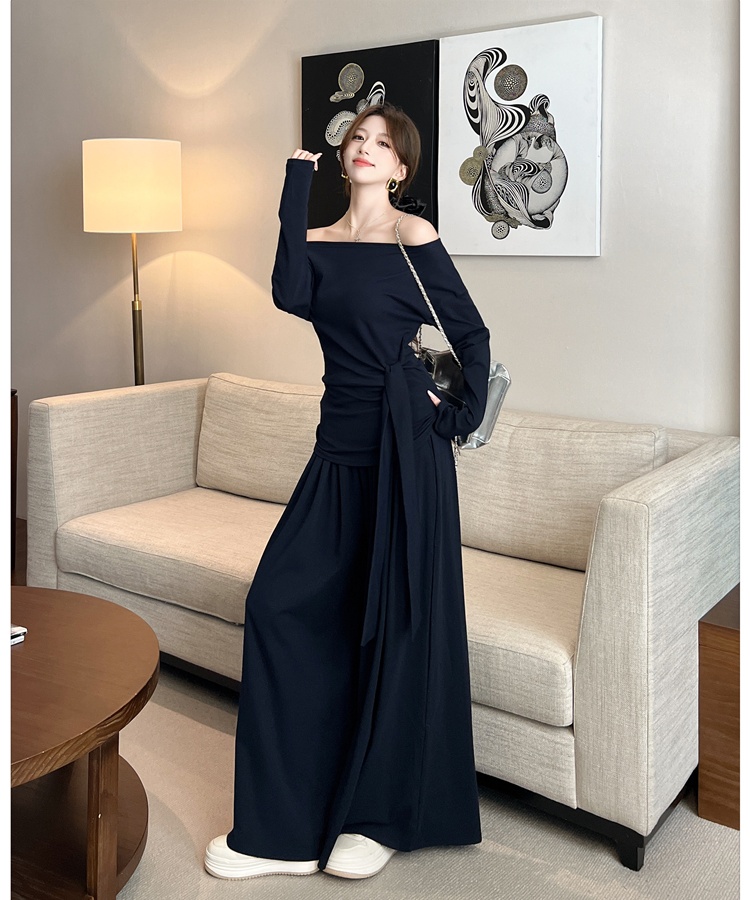 Bandage fashion wide leg pants flat shoulder autumn tops