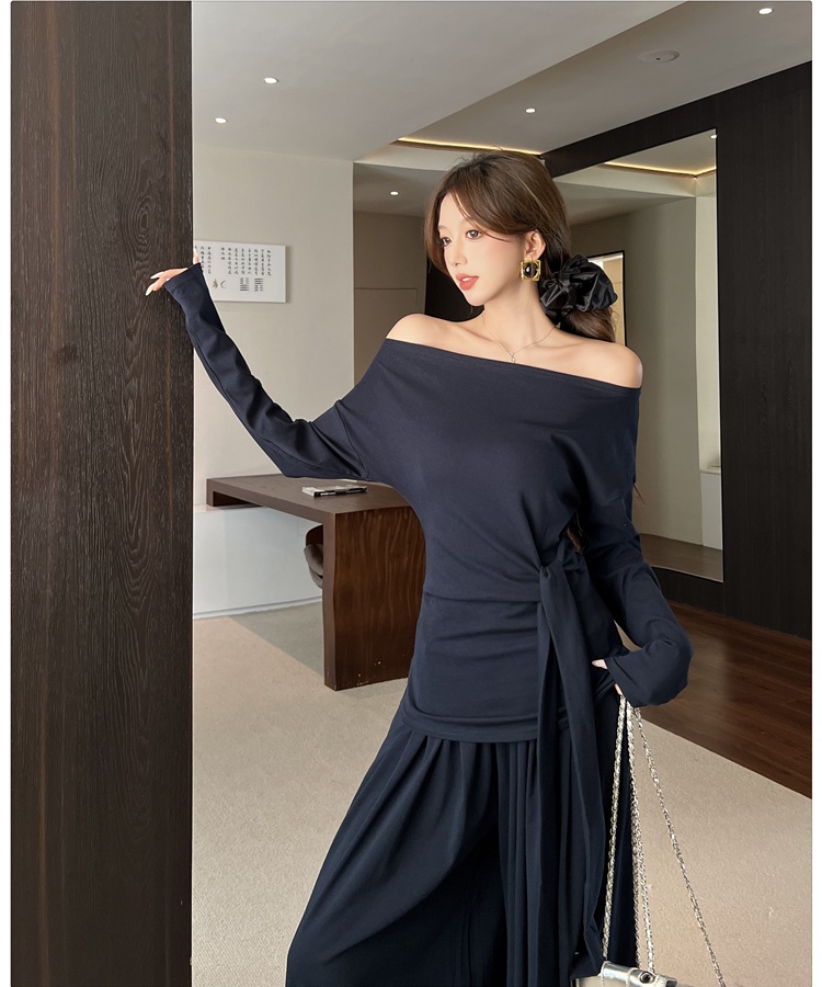 Bandage fashion wide leg pants flat shoulder autumn tops