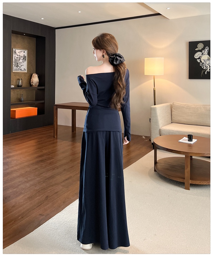 Bandage fashion wide leg pants flat shoulder autumn tops