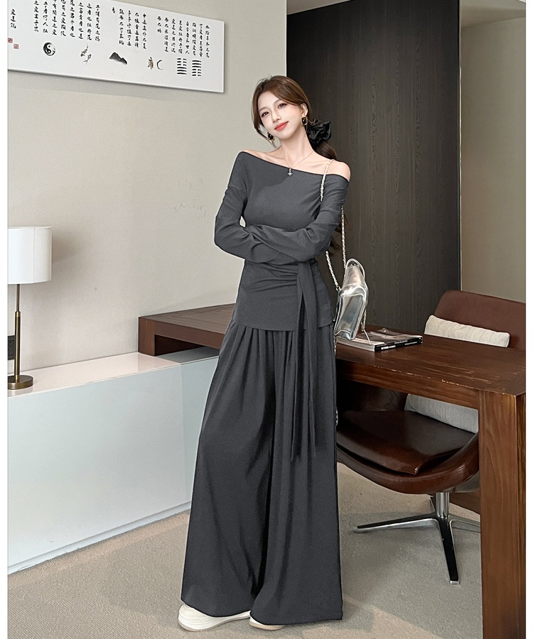 Bandage fashion wide leg pants flat shoulder autumn tops
