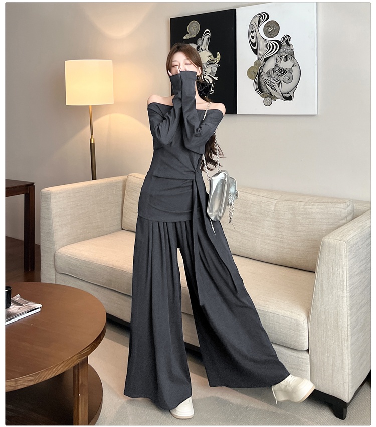Bandage fashion wide leg pants flat shoulder autumn tops