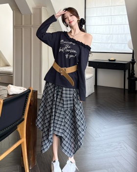 Long sleeve plaid skirt autumn T-shirt a set for women