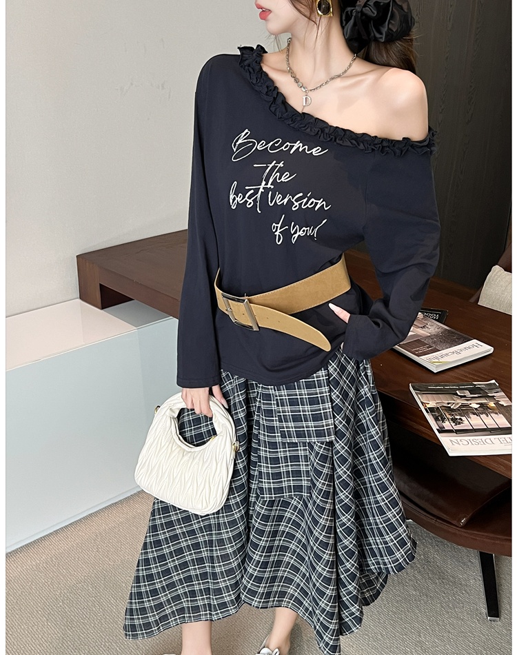 Long sleeve plaid skirt autumn T-shirt a set for women