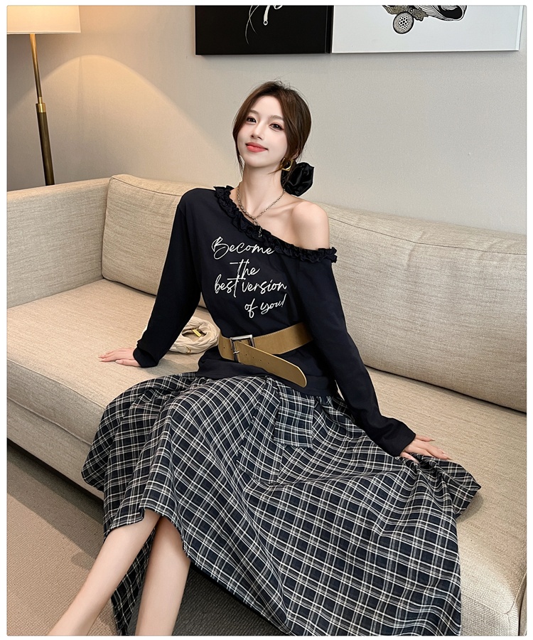 Long sleeve plaid skirt autumn T-shirt a set for women
