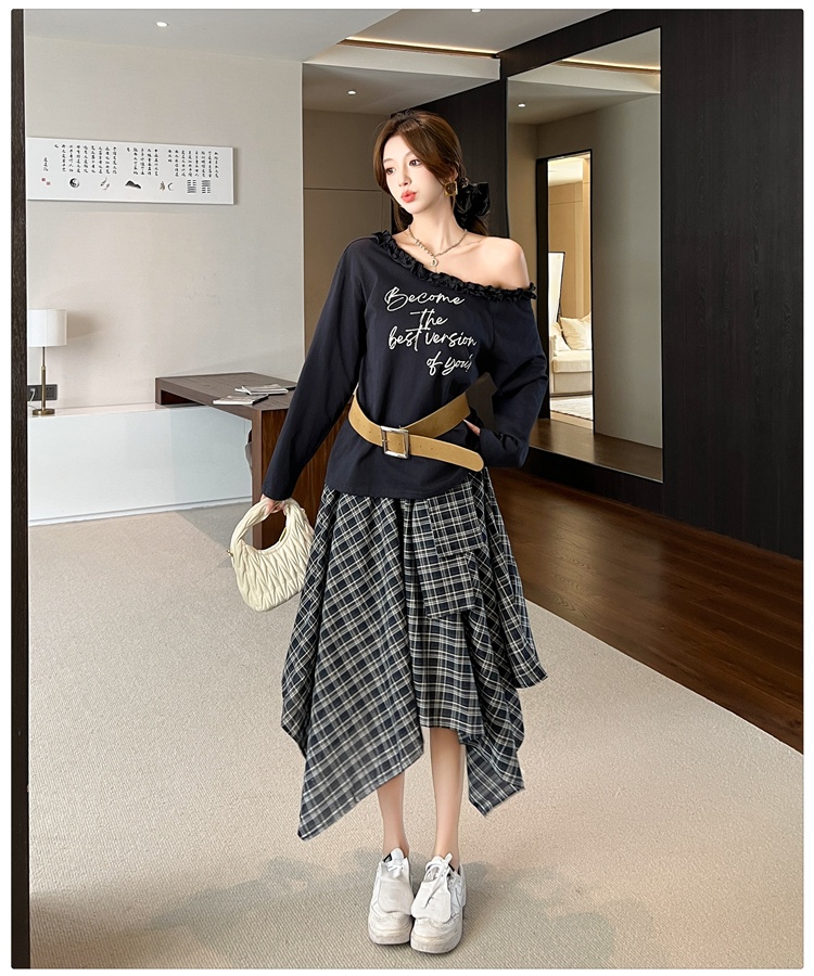 Long sleeve plaid skirt autumn T-shirt a set for women