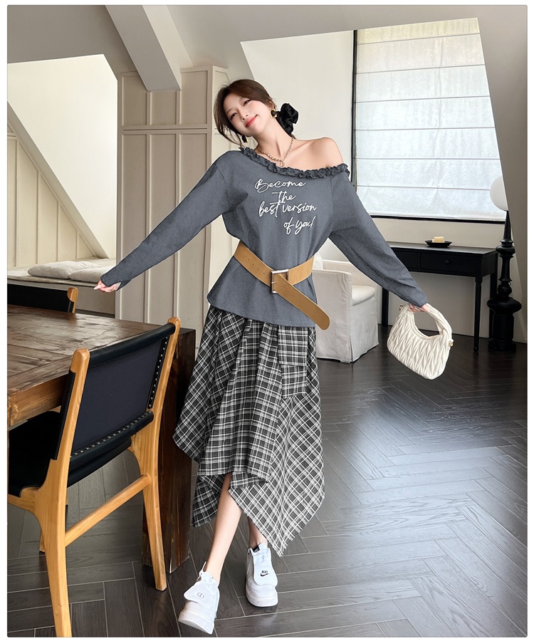 Long sleeve plaid skirt autumn T-shirt a set for women