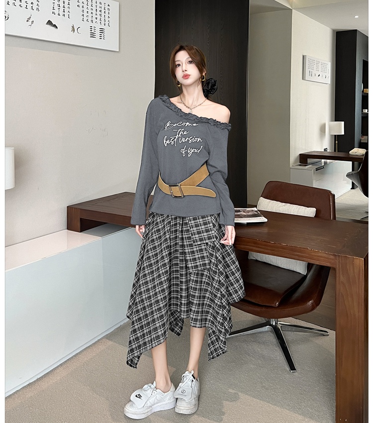 Long sleeve plaid skirt autumn T-shirt a set for women