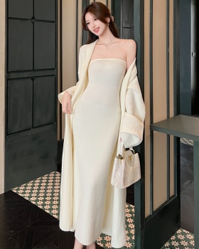 Wrapped chest dress knitted cardigan 2pcs set for women