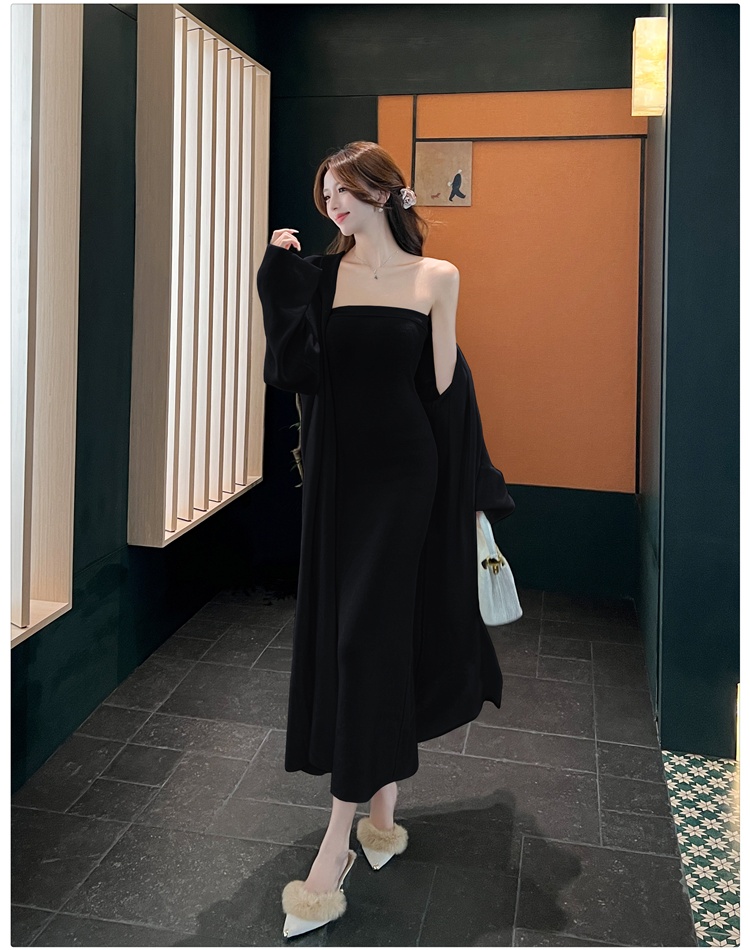 Wrapped chest dress knitted cardigan 2pcs set for women