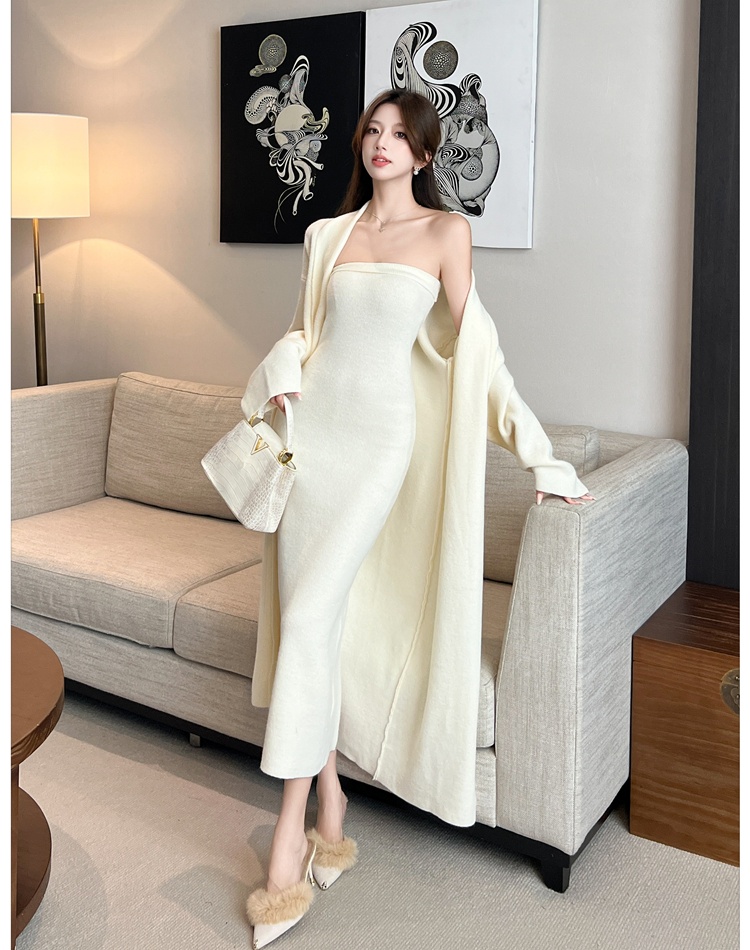 Wrapped chest dress knitted cardigan 2pcs set for women